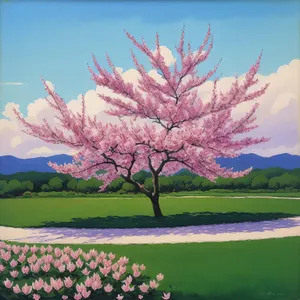 Colorful Rural Landscape with Western Redbud Tree