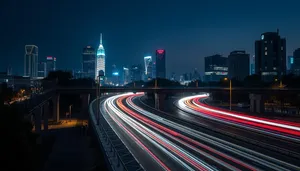 Night city lights in fast motion on highway