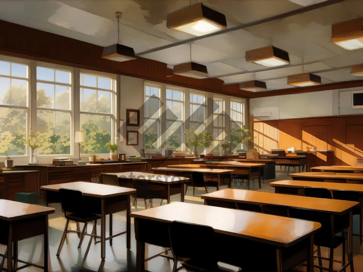 Picture of Modern cafe interior with wooden furniture and glass accents.