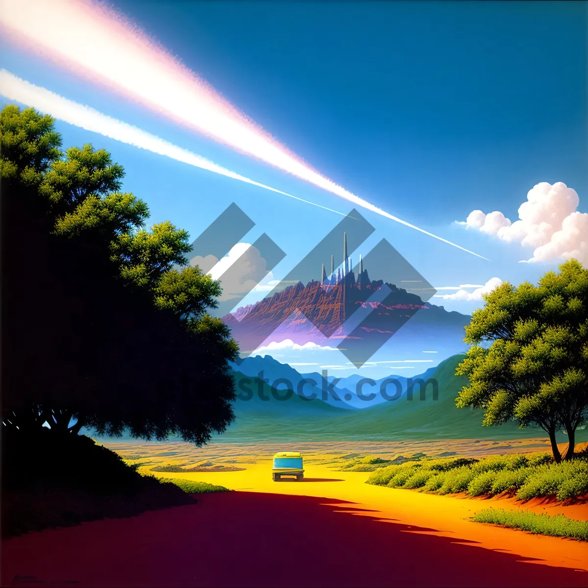 Picture of Sunset over serene mountain landscape with vibrant sky