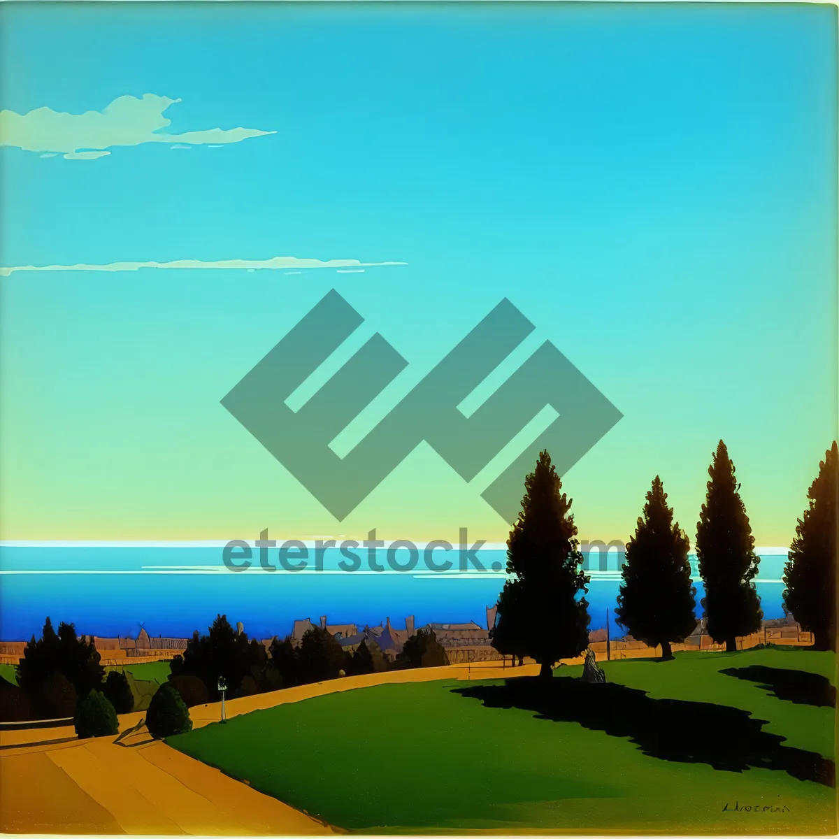 Picture of Scenic golf course sunset landscape with clouds and trees.