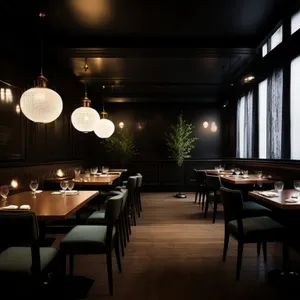 Modern restaurant interior with stylish design and lighting.