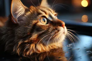 Fluffy tabby cat with curious eyes staring softly.