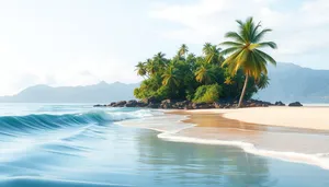 Sunny tropical beach relaxation with palm tree.