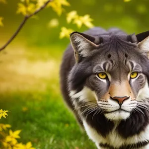 Striped wildcat with piercing eyes in jungle.