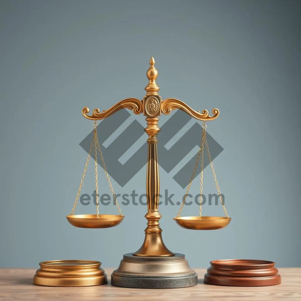 Picture of Golden church candlestick holder with balance scale symbol.