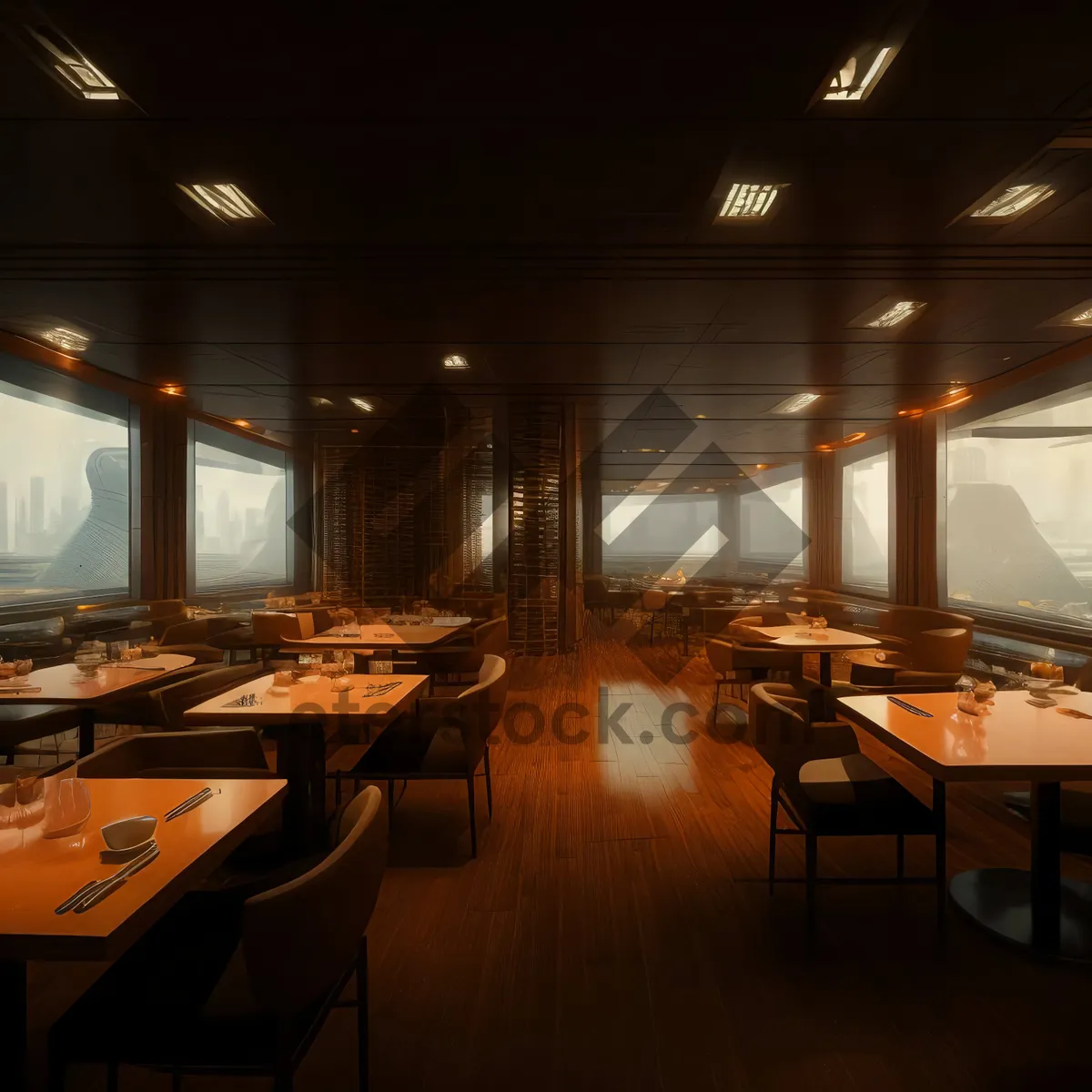 Picture of Modern Luxury Restaurant Interior Design - Wood Chairs, Window View