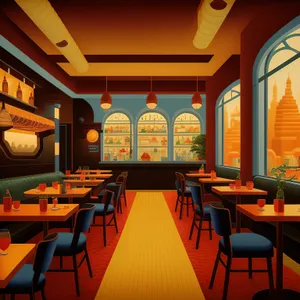 Modern restaurant interior design with wooden furniture and chairs