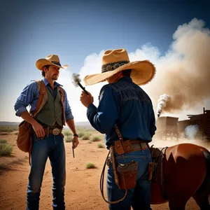 Smiling Cowboy Couple Outdoors with Hats