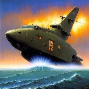 Sunset over Submerged Submarine in Sea