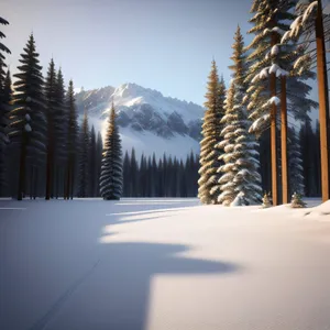 Snowy Winter Forest Landscape with Majestic Mountains