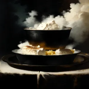 Hot flame heats black wok over fireplace.