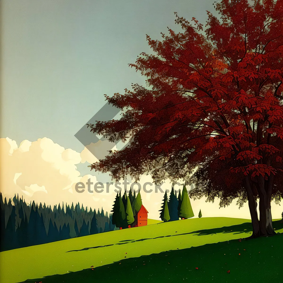 Picture of Scenic Autumn Landscape with Trees and Clouds