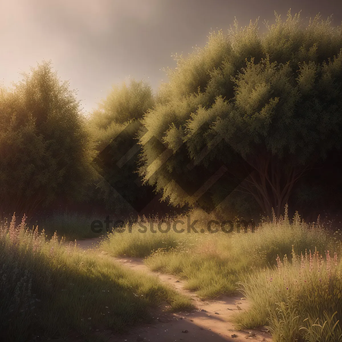 Picture of Serene Summer Landscape with Vast Open Fields and Trees under Blue Sky