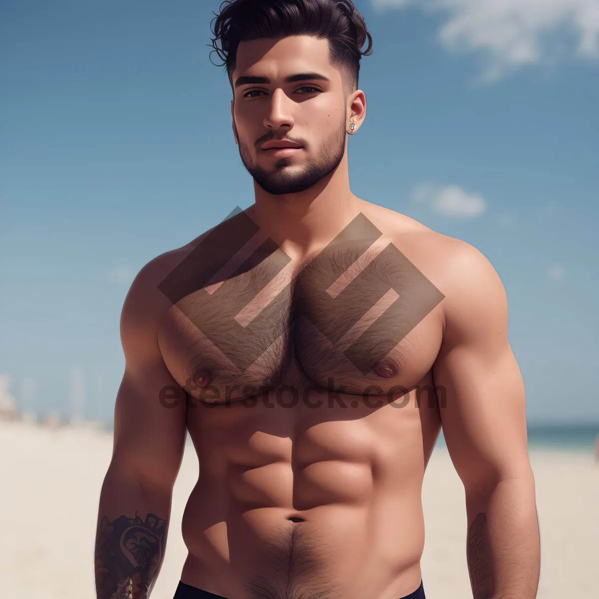 Picture of Smiling Beach Hunk: Attractive Male Model with Muscular Torso