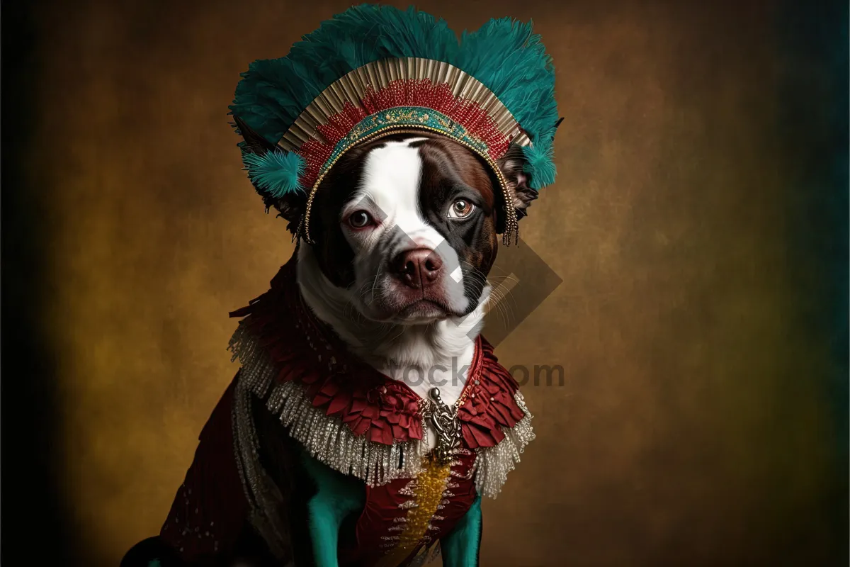 Picture of Terrier dog wearing sombrero and mask costume portrait