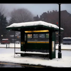 Winter transportation: Snowy road bus stop and gas pump