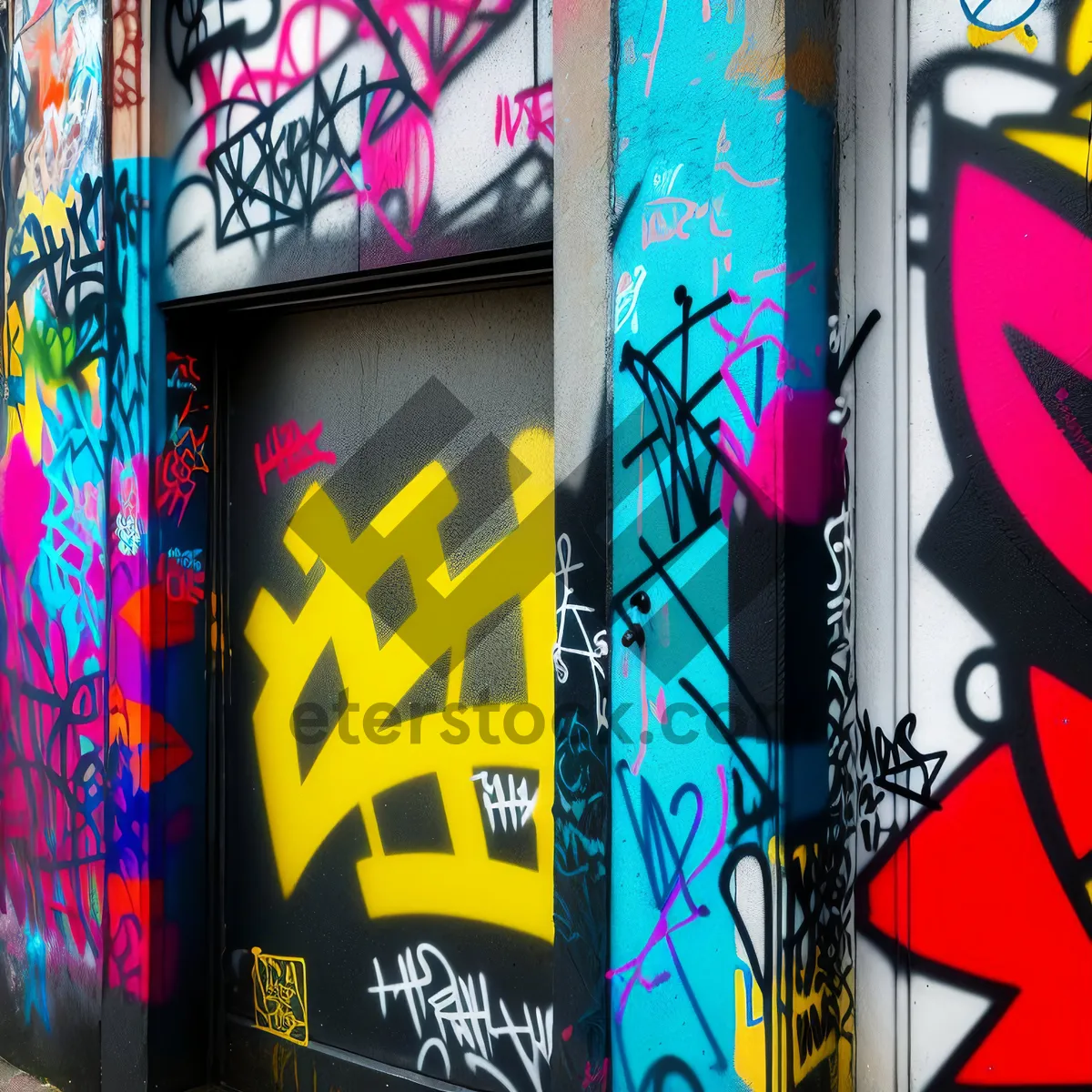 Picture of Graffiti-Adorned Window and Vibrant Pop Art Vending Machine