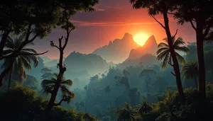 Silhouette of palm trees at sunset on tropical island beach