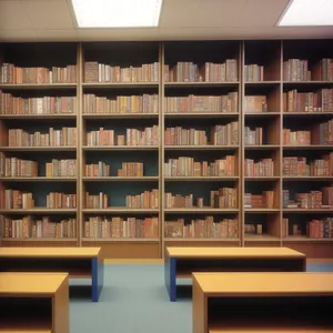 Modern interior library with wooden furniture and books