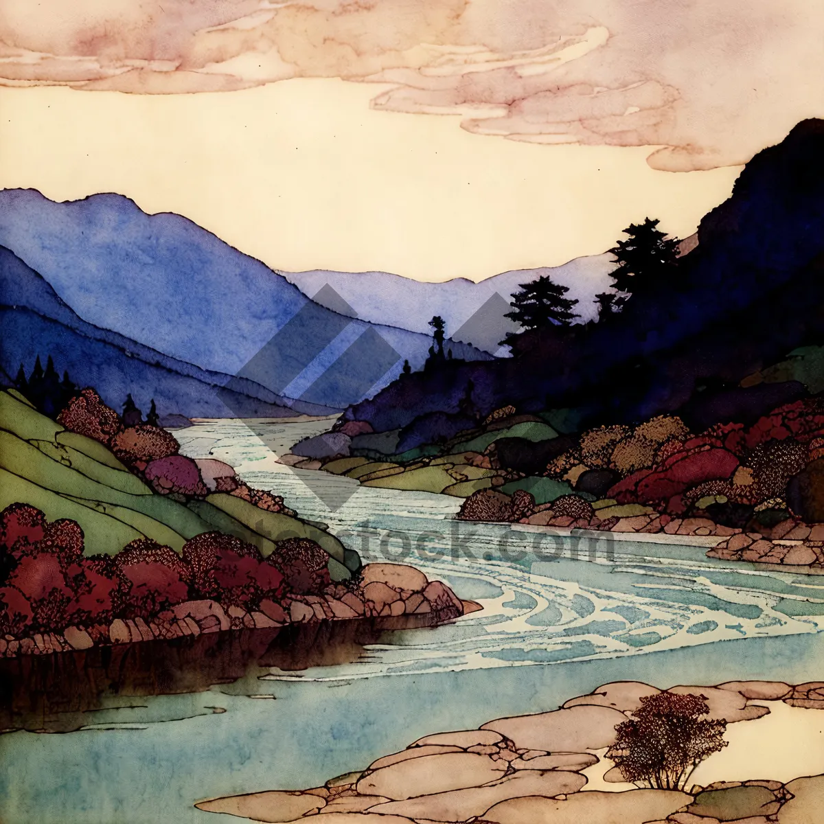 Picture of Serenity amidst majestic mountains and a flowing river