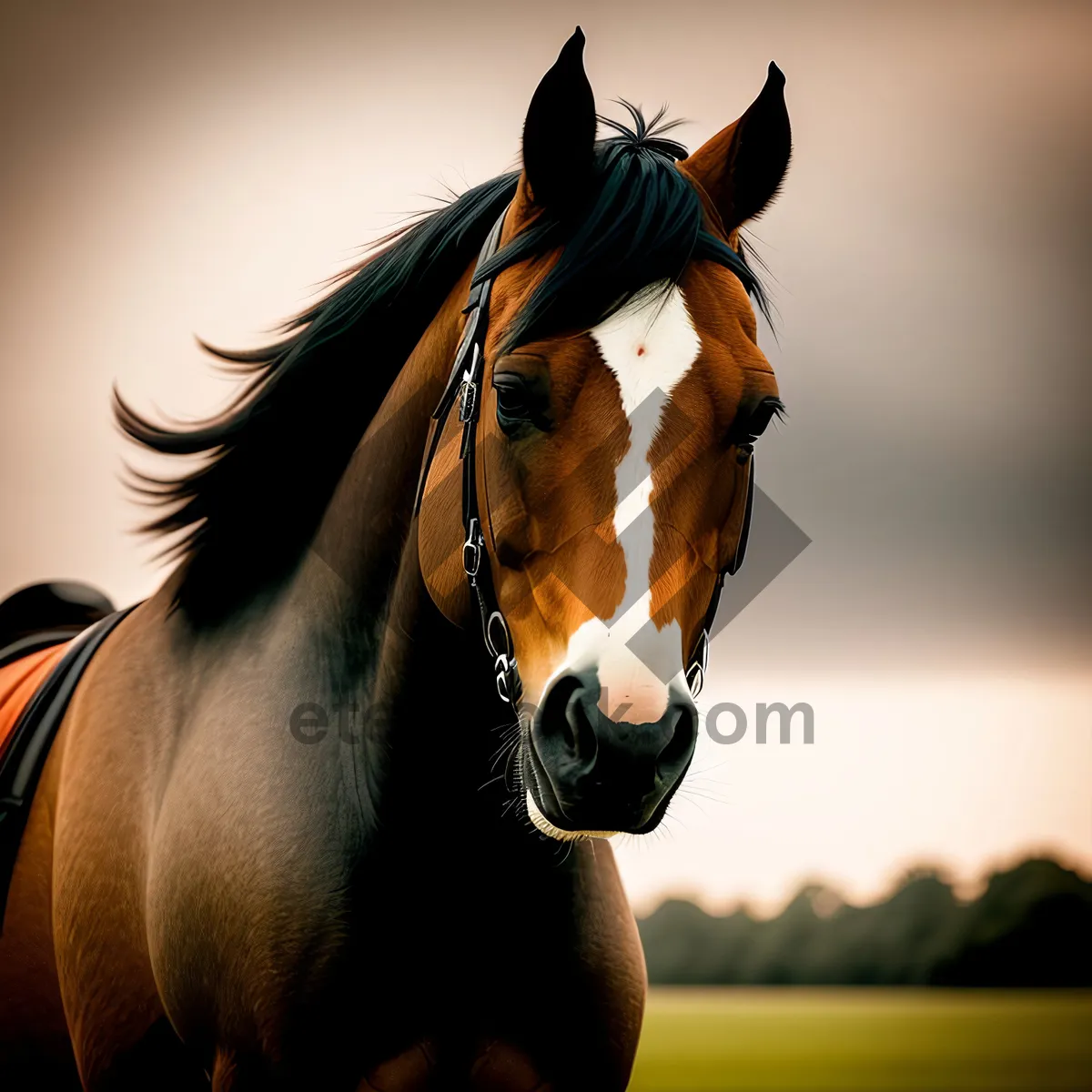 Picture of Majestic Thoroughbred Stallion Grazing in the Meadow