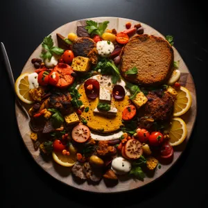 Fresh vegetable salad with grilled meat and cheese.