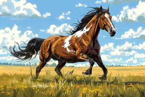 Brown stallion running through rural meadow pasture.