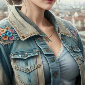 Stylish brunette beauty in fashionable denim jacket.