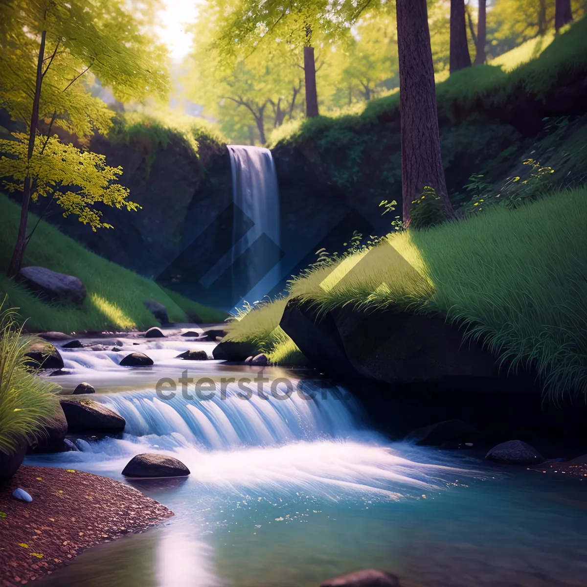 Picture of Serene waterfall cascading through lush forest landscape