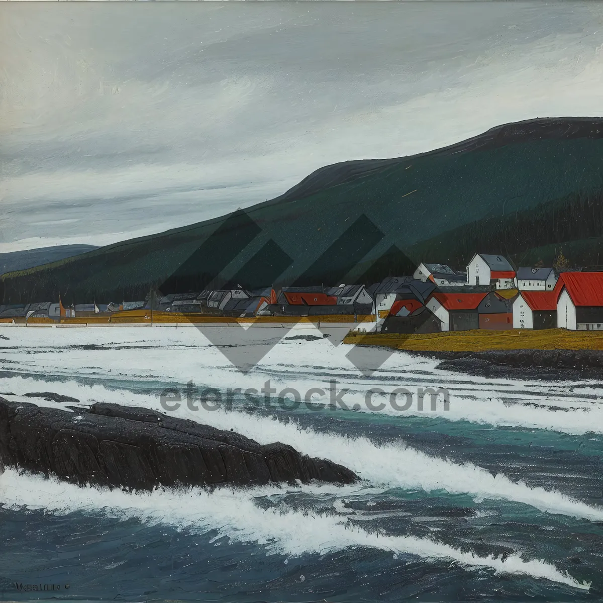 Picture of Serene Coastal Seascape with Speedboat Cutting Through Waves