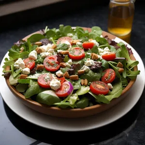 Fresh and colorful vegetable salad with tomatoes and olives.