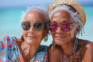 Happy man wearing sunglasses on a beach vacation portrait.