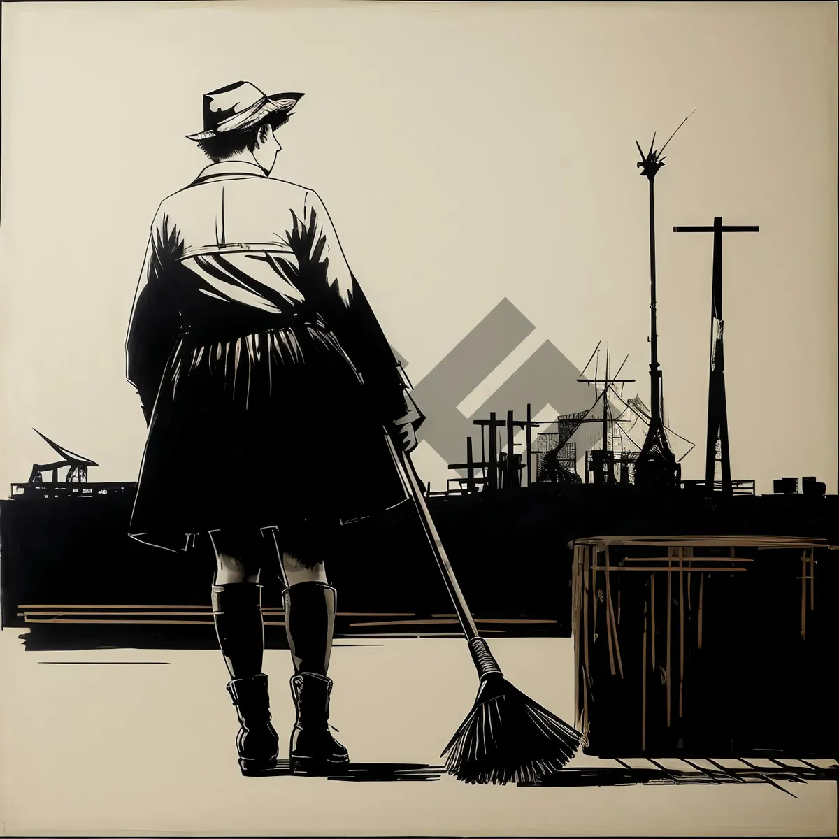 Picture of Silhouette of a Fisherman with Cleaning Implements