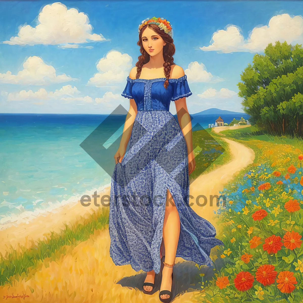 Picture of Stylish Summer Sarong: Attractive Brunette in Rustic Blue Dress