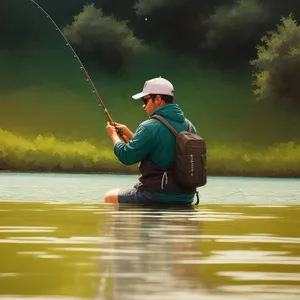 Man Fishing in Summer at Lake