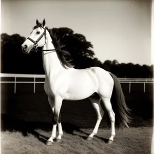 Brown Stallion Vaulting on Ranch Meadow