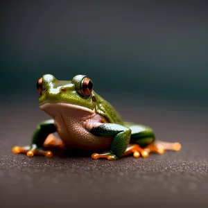 Vibrant-eyed amphibian peeks through foliage