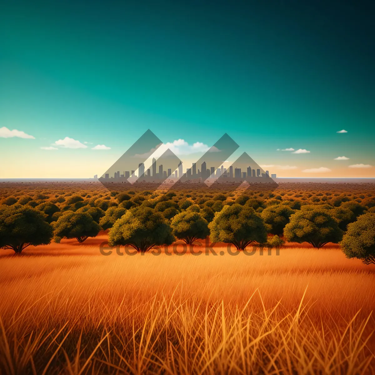 Picture of Vibrant Skyline Silhouette Over Serene Countryside