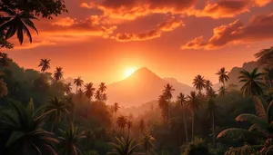 Tropical sunset beach silhouette palm tree evening vacation.