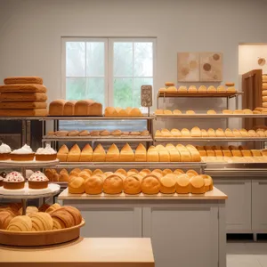 Cozy Bakery Interior with Rustic Wood Furniture and Counter