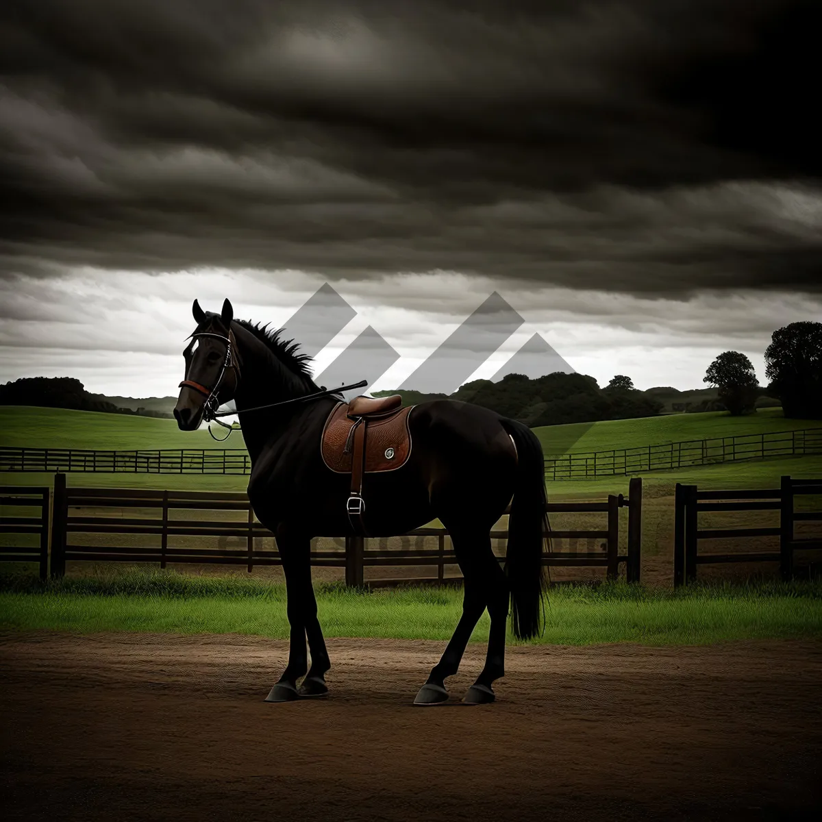 Picture of Thoroughbred stallion gracefully grazing in a rural pasture.