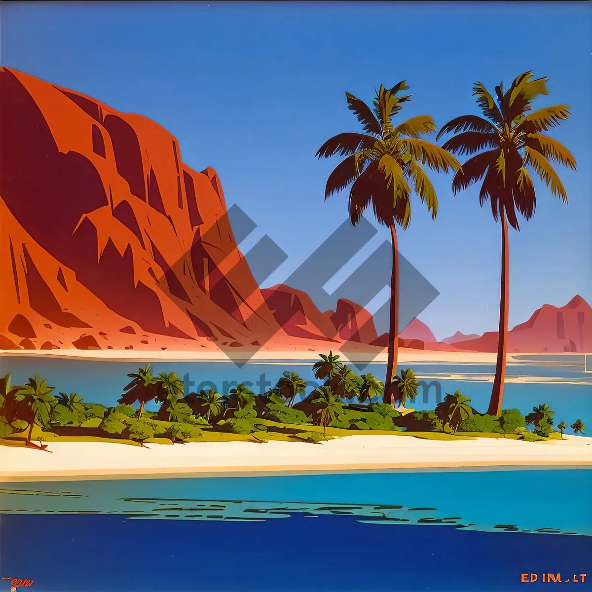 Picture of Tropical sunset beach paradise with palm trees and waves