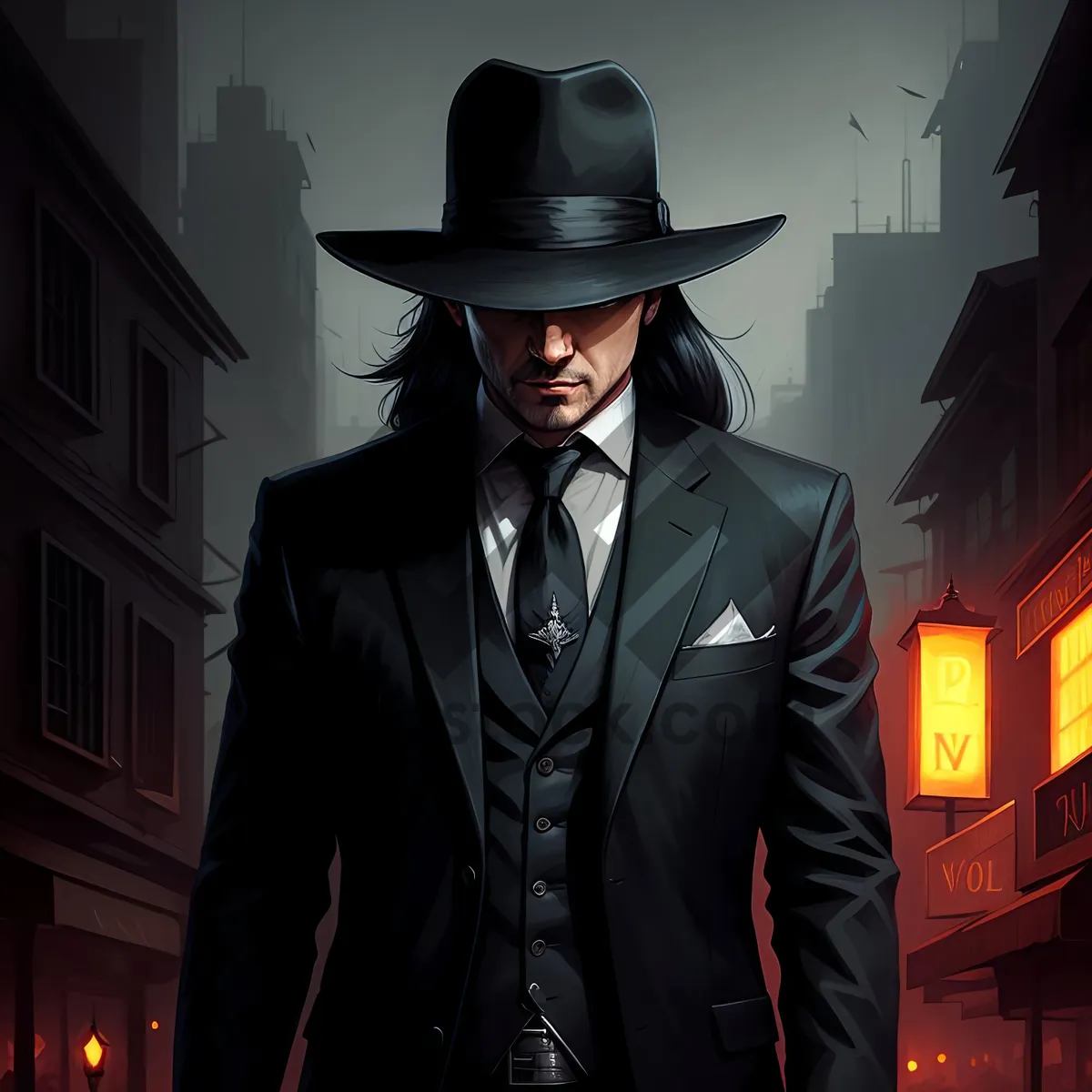 Picture of Stylish Businessman in Black Trench Coat and Cowboy Hat