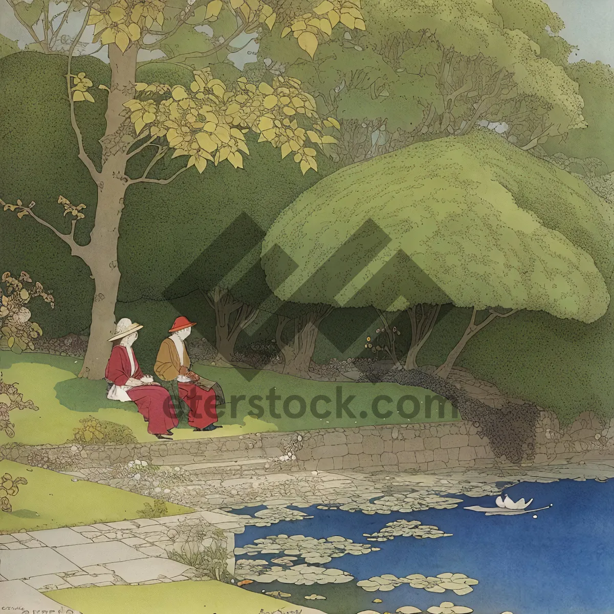Picture of Serene Summer Scene with Chalk Drawings by the Lake