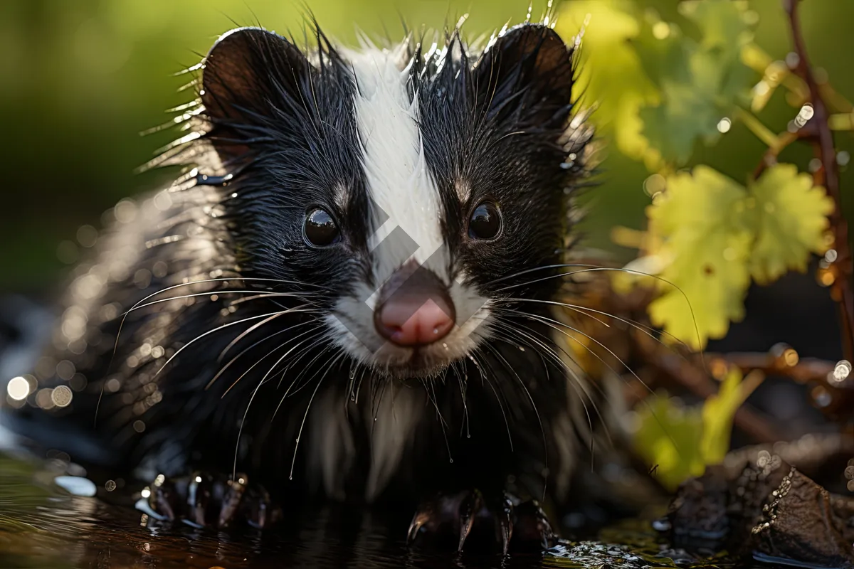 Picture of Black furry skunk with cute eyes and whiskers.