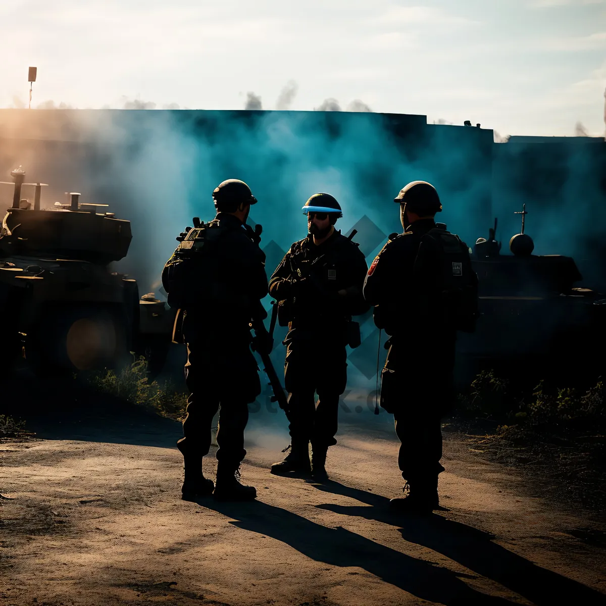 Picture of Silhouette of man holding chemical weapon at sunset.