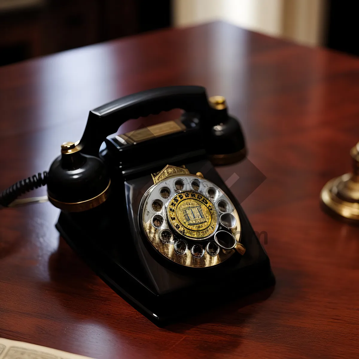 Picture of Vintage black rotary dial telephone for business office.