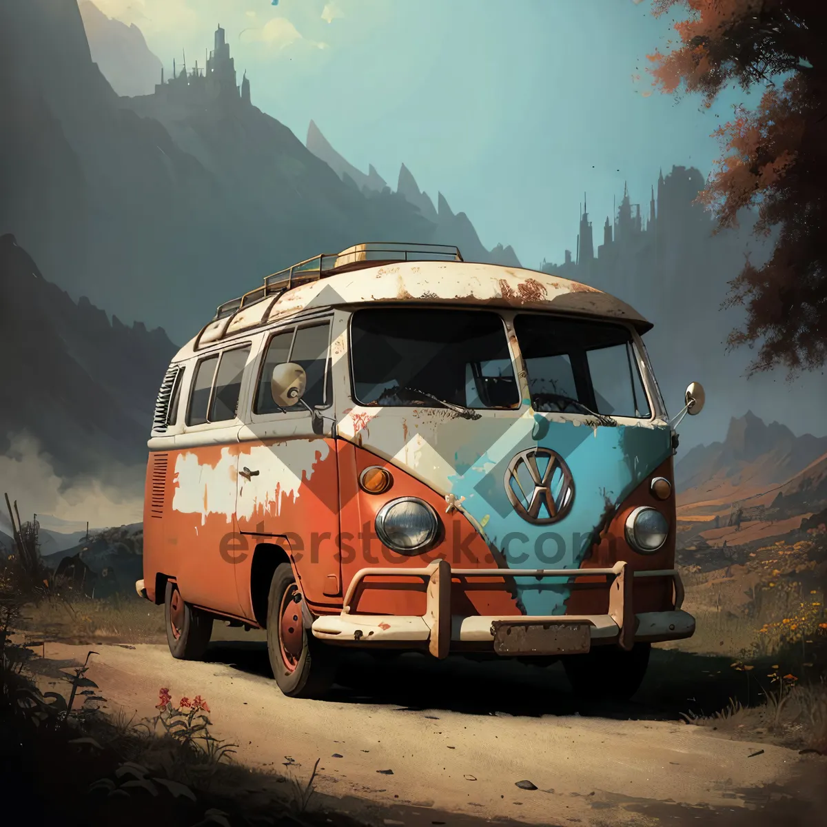 Picture of Mountain landscape with camper on winding road