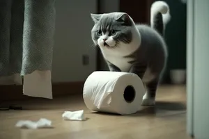 Fluffy Cat With Whiskers Playing with Toilet Tissue